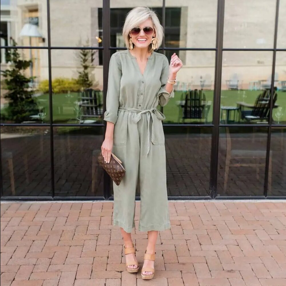 Old Navy Sage Green Cotton Button-Up w. Pockets Long Sleeves Jumpsuit women's XL